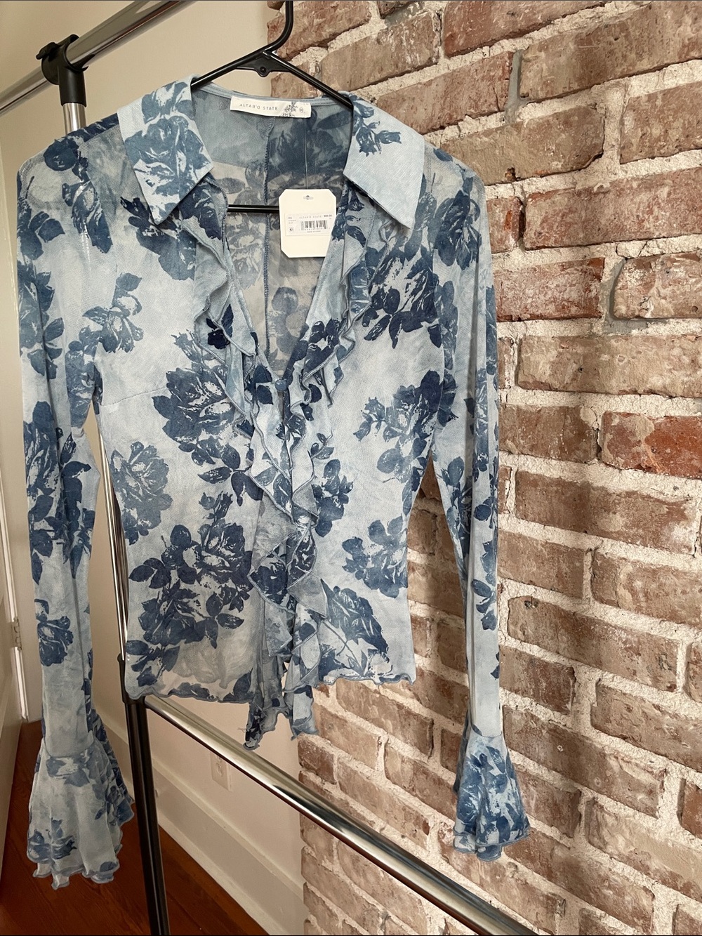 Altar’d State Blue Floral Long Sleeve Mesh Top